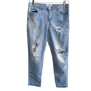 Libby Edelman Light Blue Distressed Embroidered Cropped Denim Jeans size 10